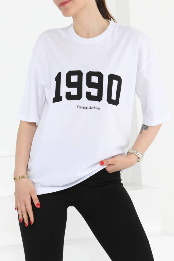 1990 Baskılı Kısa Kollu T-Şhirt Beyaz - 27124 - 1