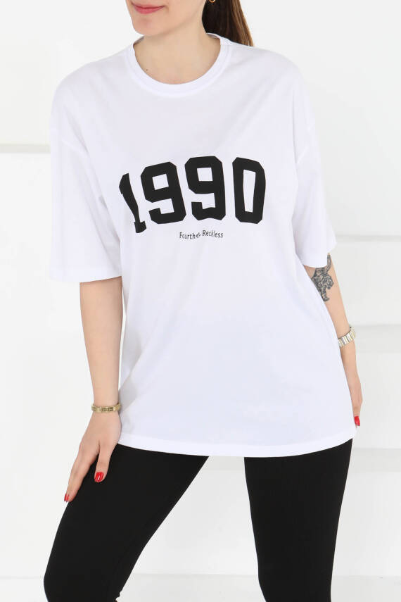 1990 Baskılı Kısa Kollu T-Şhirt Beyaz - 27124 - 2