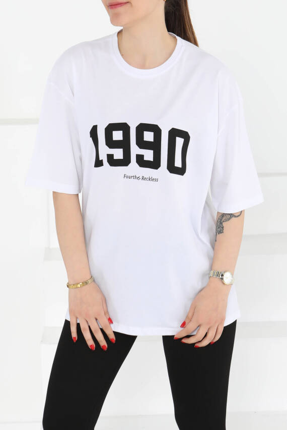 1990 Baskılı Kısa Kollu T-Şhirt Beyaz - 27124 - 4