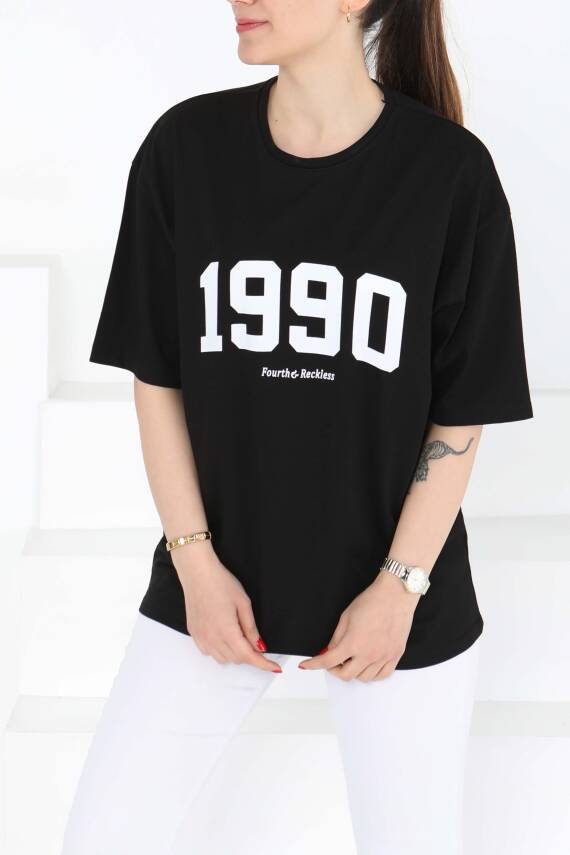 1990 Baskılı Kısa Kollu T-Şhirt Siyah - 27124 - 2