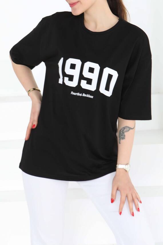 1990 Baskılı Kısa Kollu T-Şhirt Siyah - 27124 - 3