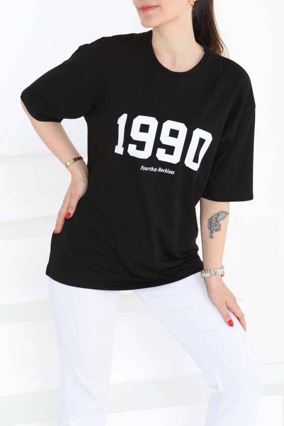 1990 Baskılı Kısa Kollu T-Şhirt Siyah - 27124 - 4