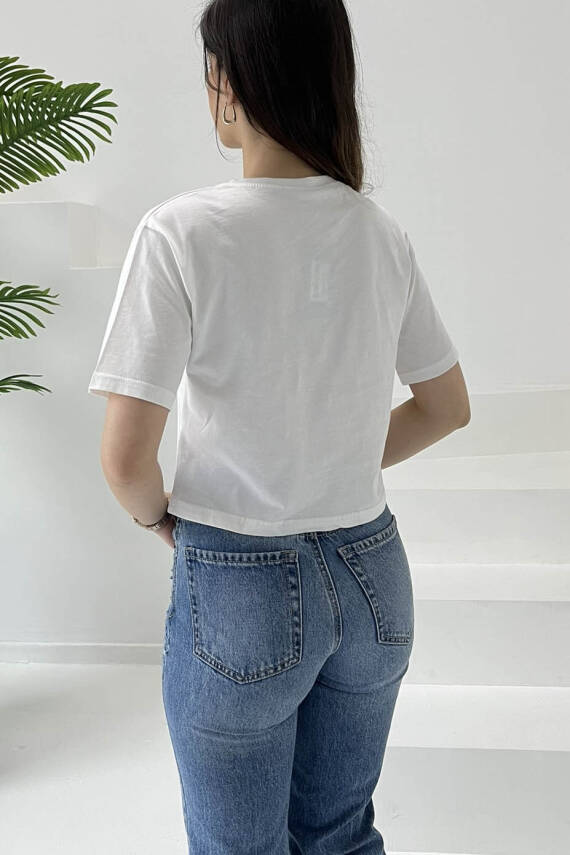 Ayıcık Nakışlı Kısa Kollu T-Şhirt Beyaz - 27030 - 6