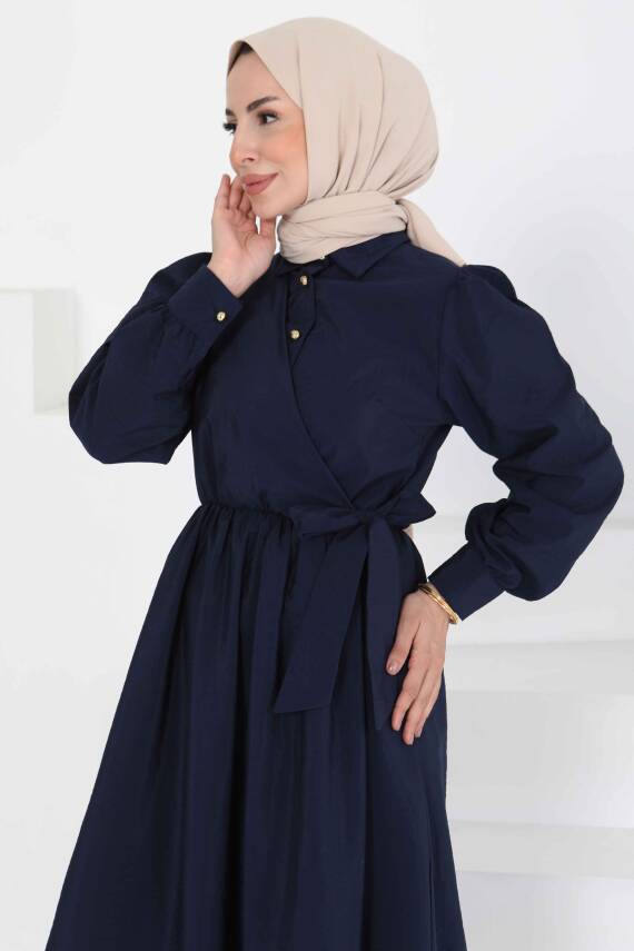Bağlamalı Elbise Lacivert - 27186 - 4