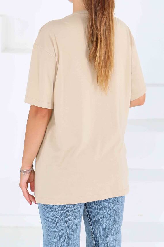 Baskılı Kısa Kollu T-Şhirt Bej - 27545 - 4