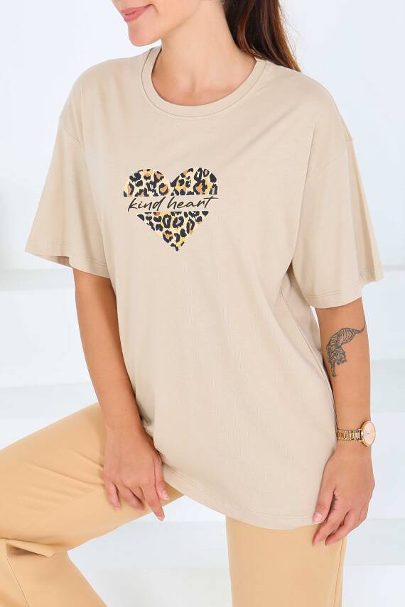 Baskılı Kısa Kollu T-Şhirt Bej - 27546 - 2