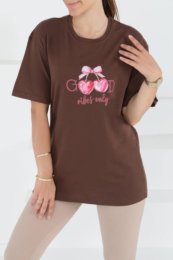 Baskılı Kısa Kollu T-Şhirt Kahve - 27500 - 2