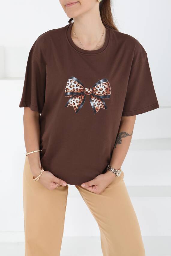 Baskılı Kısa Kollu T-Şhirt Kahve - 27501 - 1