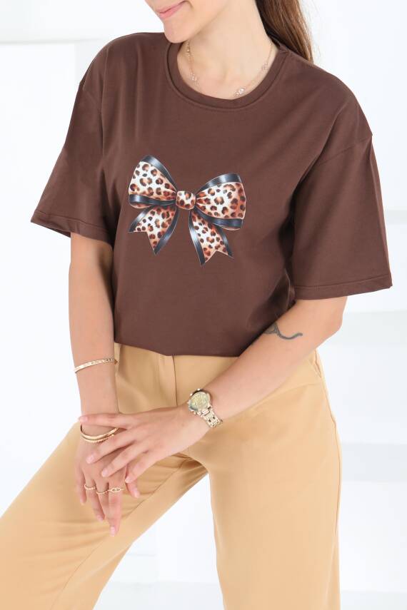 Baskılı Kısa Kollu T-Şhirt Kahve - 27501 - 2
