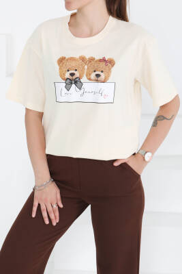 Baskılı Kısa Kollu T-Şhirt Krem - 27348 
