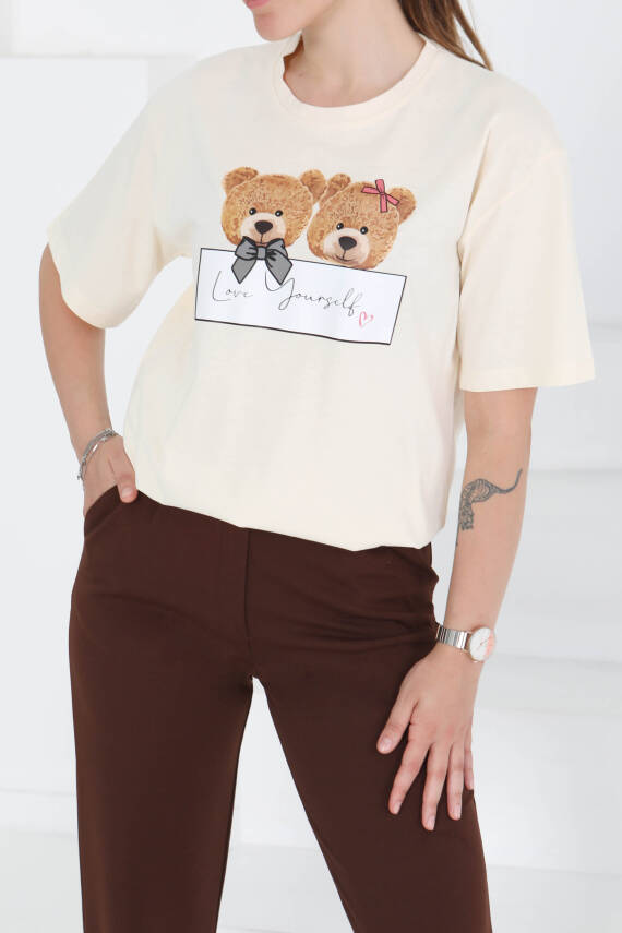 Baskılı Kısa Kollu T-Şhirt Krem - 27348 - 4