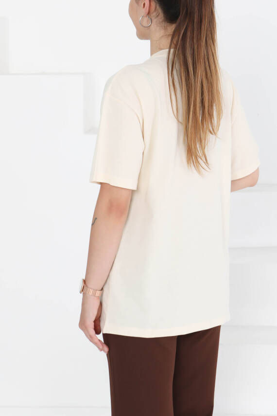 Baskılı Kısa Kollu T-Şhirt Krem - 27348 - 5