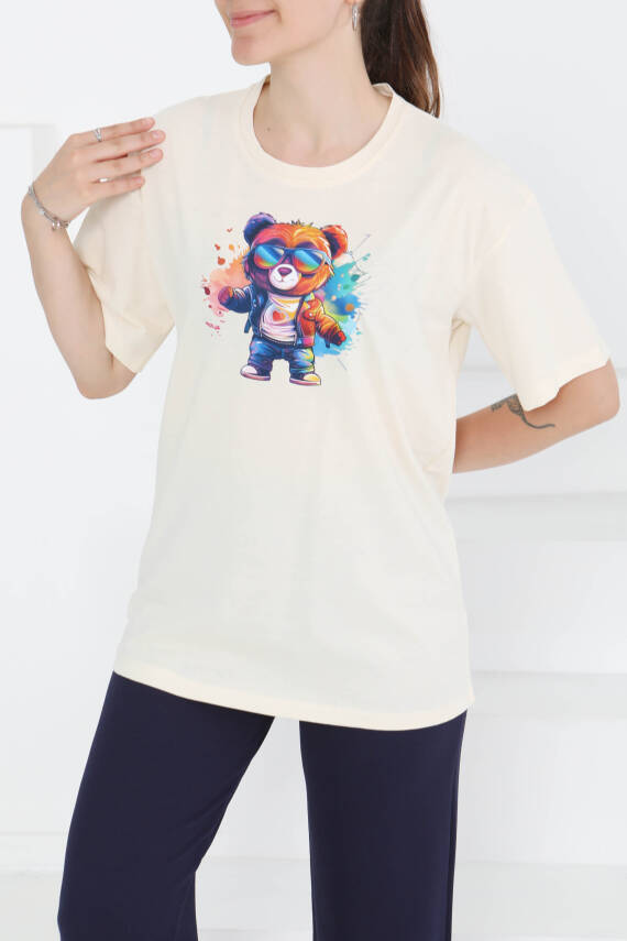 Baskılı Kısa Kollu T-Şhirt Krem - 27349 - 1