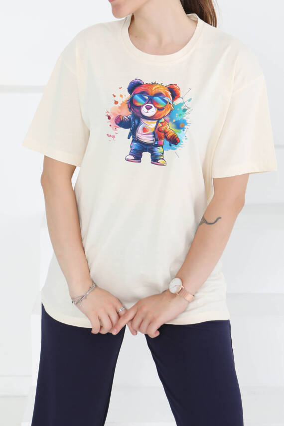 Baskılı Kısa Kollu T-Şhirt Krem - 27349 - 2