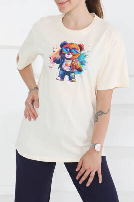 Baskılı Kısa Kollu T-Şhirt Krem - 27349 - 3