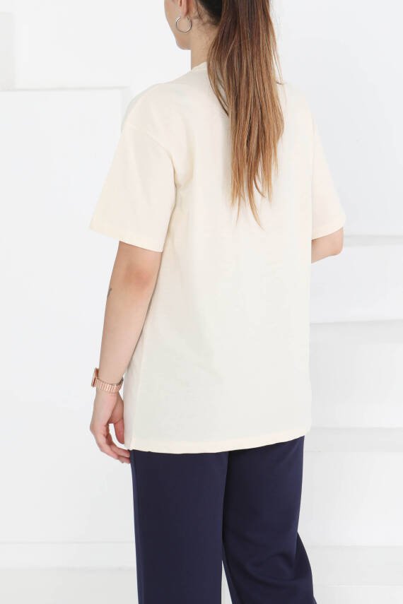 Baskılı Kısa Kollu T-Şhirt Krem - 27349 - 5