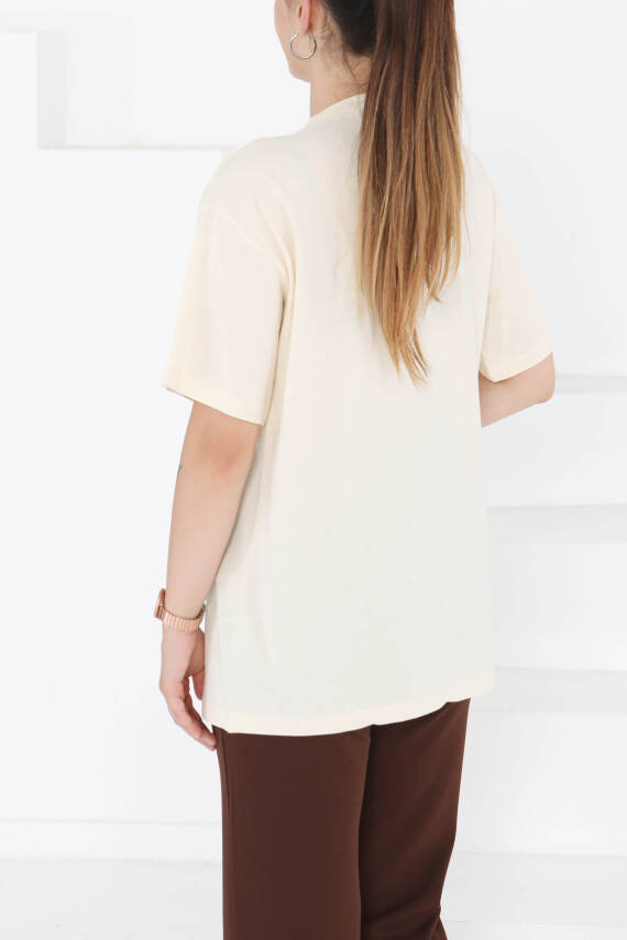 Baskılı Kısa Kollu T-Şhirt Krem - 27350 - 5