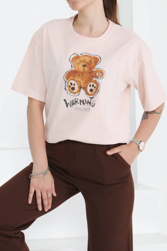Baskılı Kısa Kollu T-Şhirt Pudra - 27350 - 1