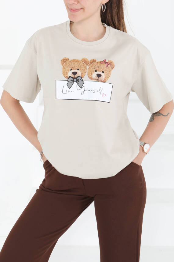 Baskılı Kısa Kollu T-Şhirt Taş - 27348 - 2