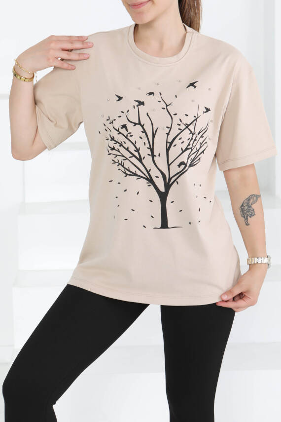 Baskılı Taşlı T-Şhirt Bej - 27375 - 2