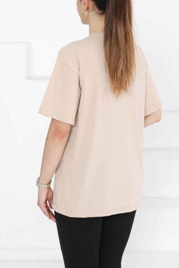 Baskılı Taşlı T-Şhirt Bej - 27375 - 5