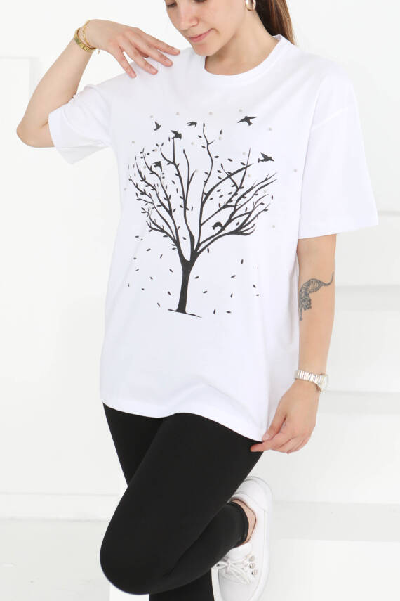 Baskılı Taşlı T-Şhirt Beyaz - 27375 - 2