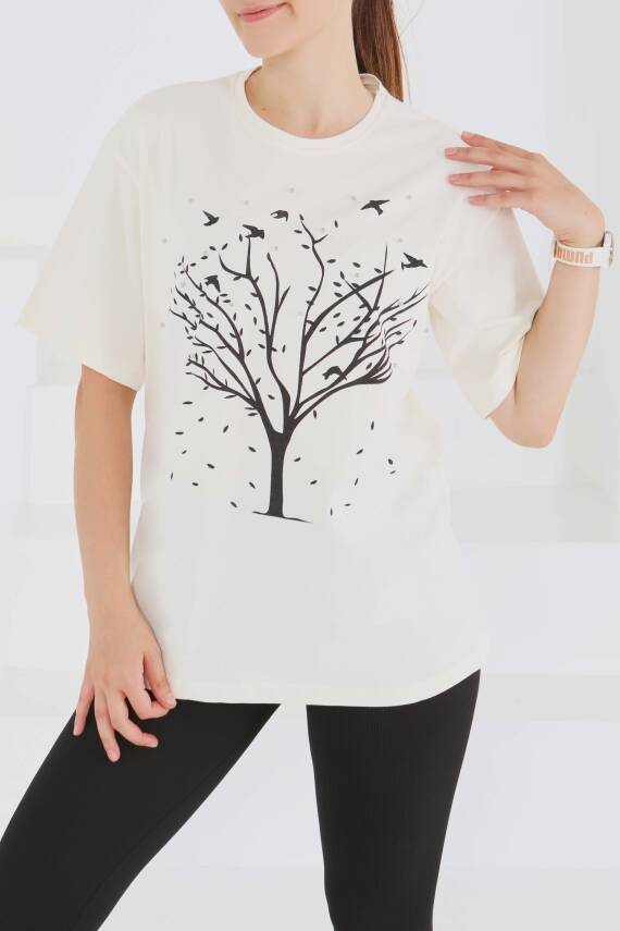 Baskılı Taşlı T-Şhirt Ekru - 27375 - 1