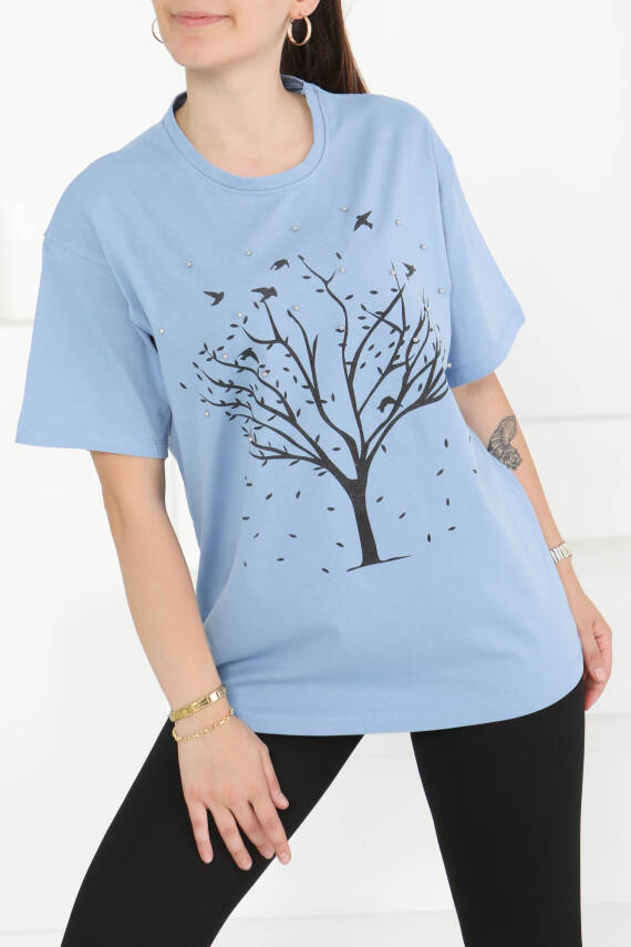 Baskılı Taşlı T-Şhirt Indigo - 27375 - 3