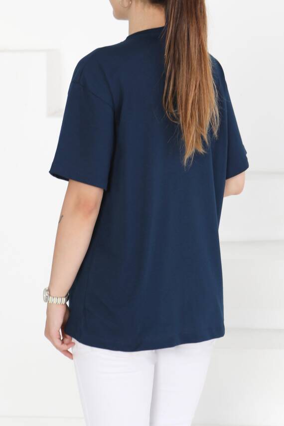 Baskılı Taşlı T-Şhirt Lacivert - 27375 - 5