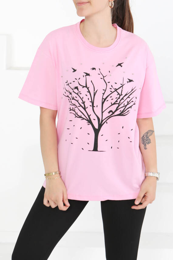 Baskılı Taşlı T-Şhirt Pembe - 27375 - 2