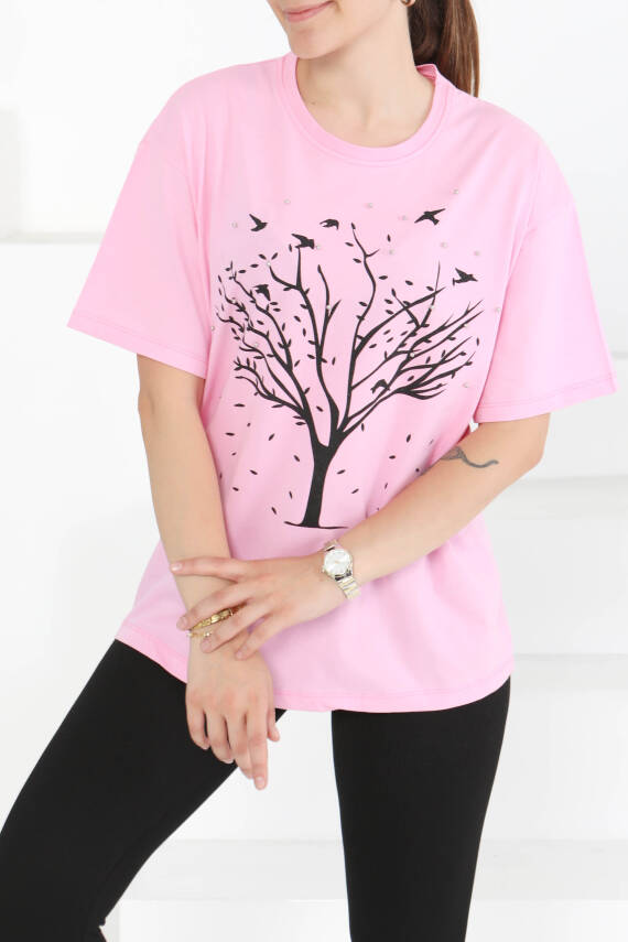 Baskılı Taşlı T-Şhirt Pembe - 27375 - 4
