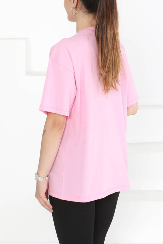 Baskılı Taşlı T-Şhirt Pembe - 27375 - 6