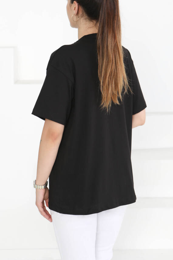 Baskılı Taşlı T-Şhirt Siyah - 27375 - 6
