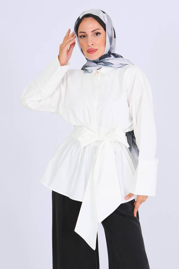 Belden Bağlamalı Tunik Beyaz - 27550 - 3