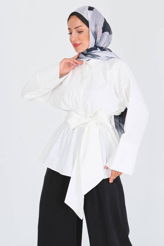 Belden Bağlamalı Tunik Beyaz - 27550 - 5