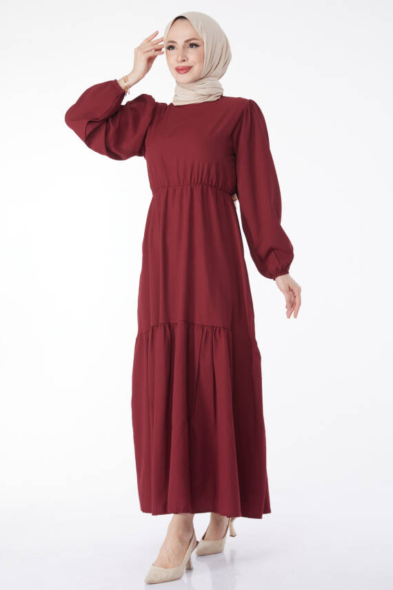 Beli Bağcıklı Elbise Bordo - 27303 - 1