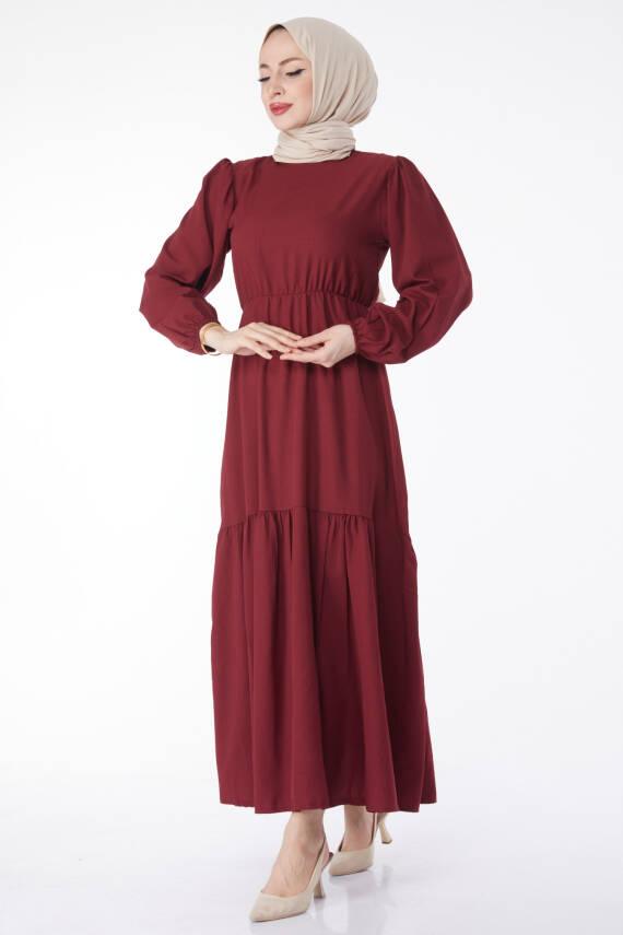 Beli Bağcıklı Elbise Bordo - 27303 - 2