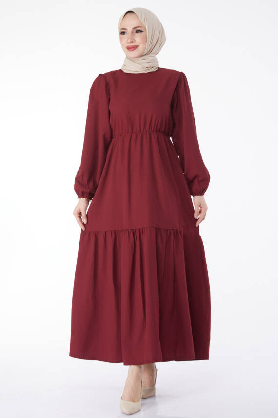 Beli Bağcıklı Elbise Bordo - 27303 - 3