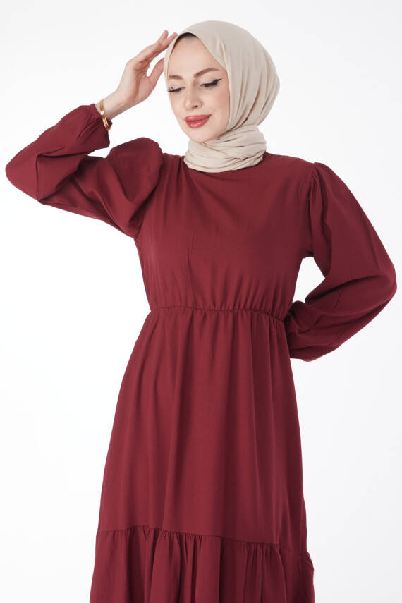 Beli Bağcıklı Elbise Bordo - 27303 - 4