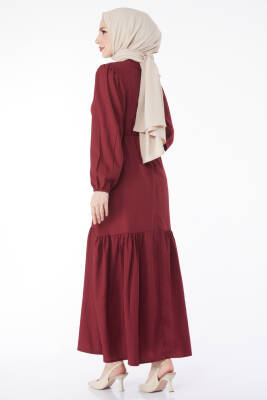 Beli Bağcıklı Elbise Bordo - 27303 - 6