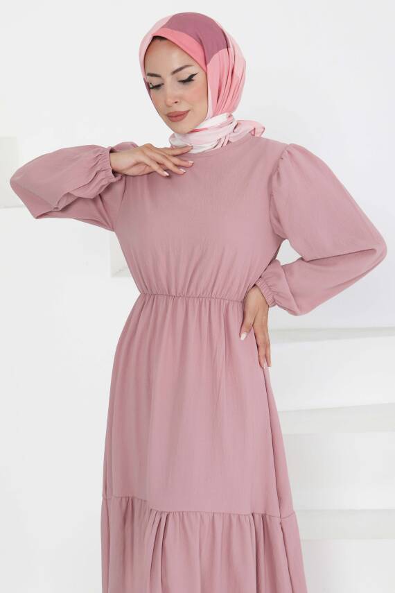 Beli Bağcıklı Elbise Gül - 27303 - 2