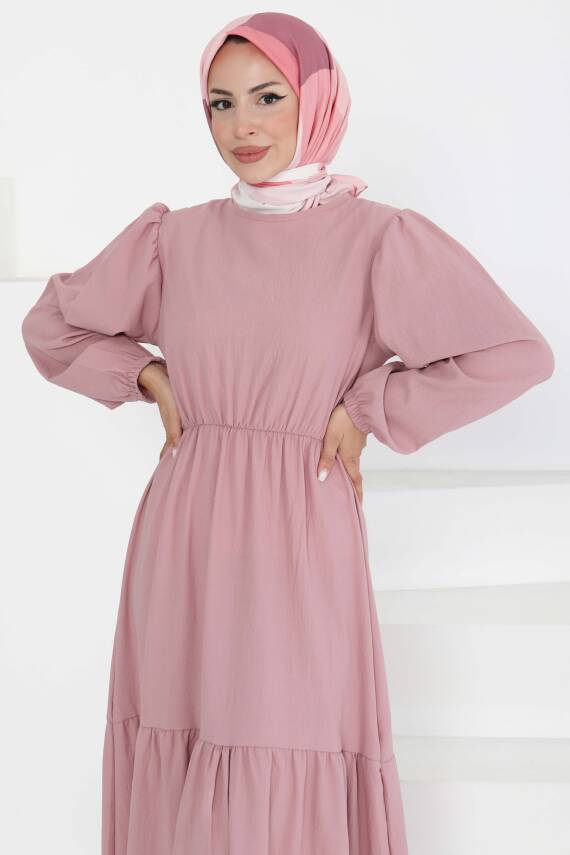Beli Bağcıklı Elbise Gül - 27303 - 4