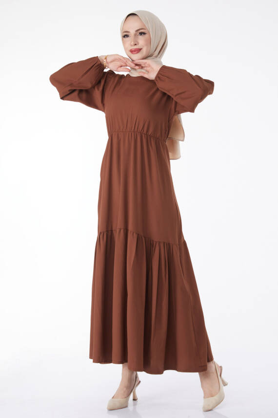 Beli Bağcıklı Elbise Kahve - 27303 - 1