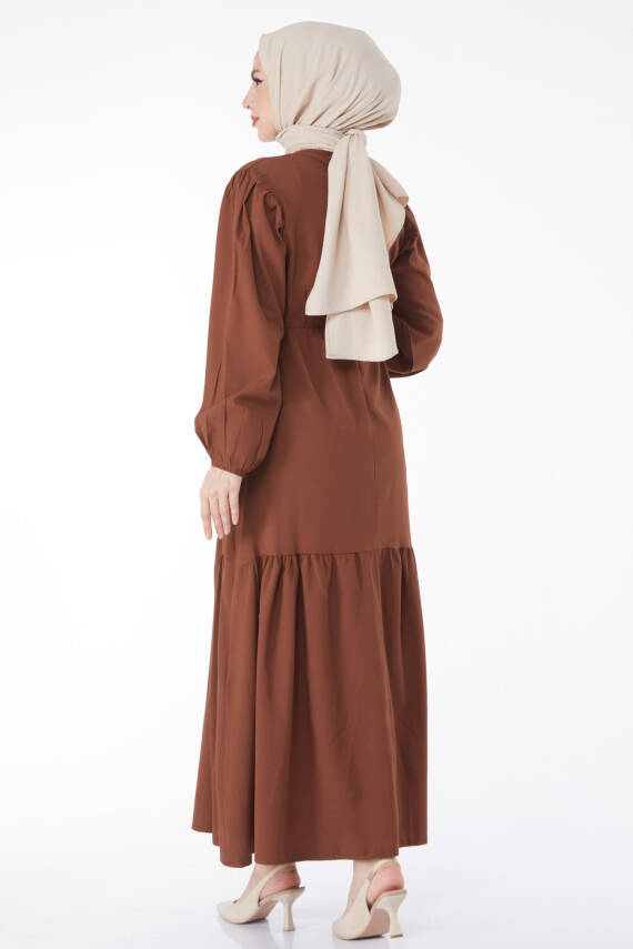 Beli Bağcıklı Elbise Kahve - 27303 - 6