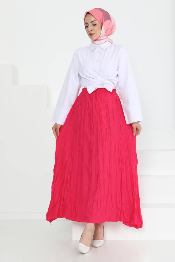 Beli Lastikli Kırışık Etek Fuşya - 27013 - 2