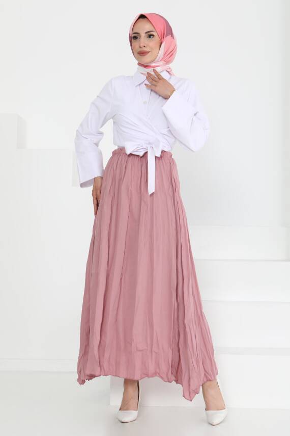 Beli Lastikli Kırışık Etek Gül - 27013 - 5