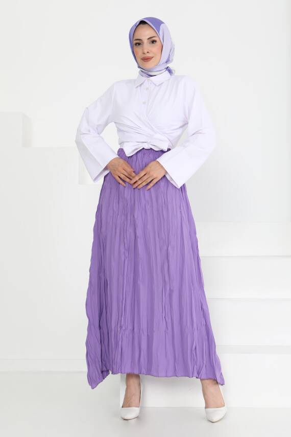 Beli Lastikli Kırışık Etek Lila - 27013 - 3