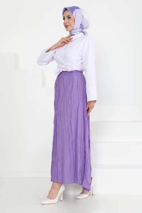 Beli Lastikli Kırışık Etek Lila - 27013 - 4