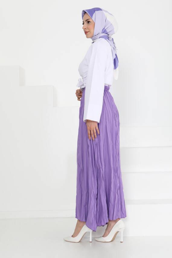 Beli Lastikli Kırışık Etek Lila - 27013 - 5