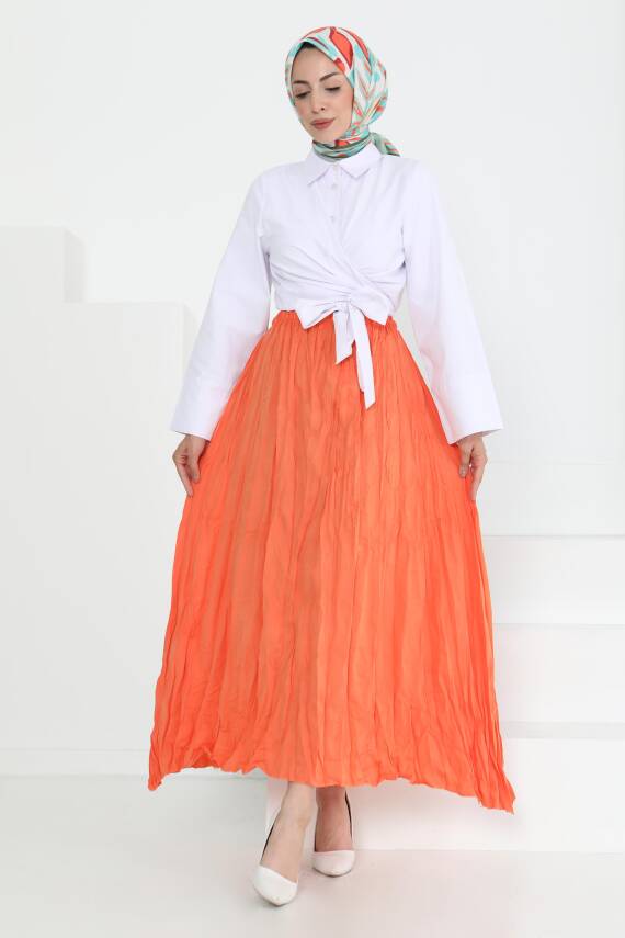 Beli Lastikli Kırışık Etek Oranj - 27013 - 1